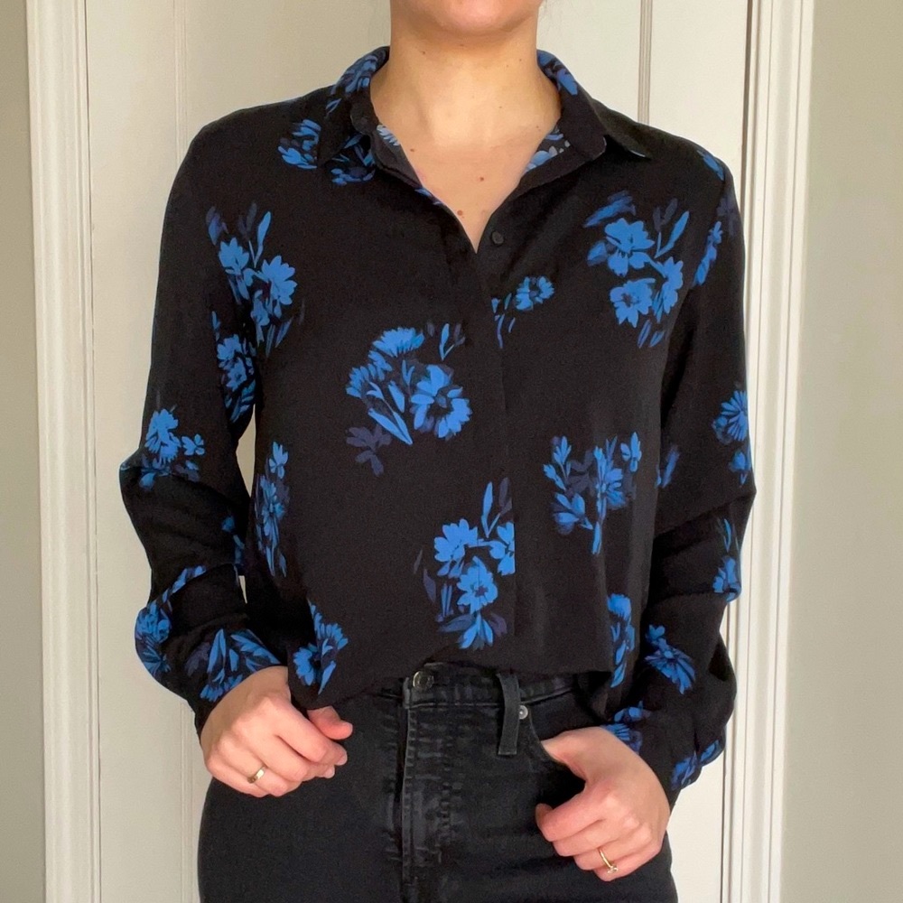 Black and blue floral button down top